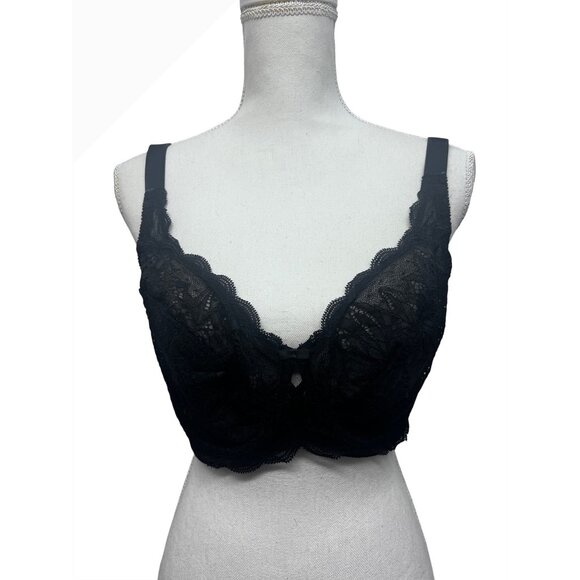 Felina Nordstrom Black Lace Floral Underwire Balconette Bra Sz 36 DDD New - Picture 1 of 9